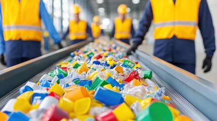 Waste Management Workers Sorting Plastic Materials on Conveyor Belt