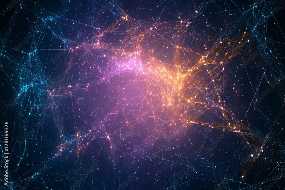 Poster The image is an abstract representation of a complex network of lines and dots in color