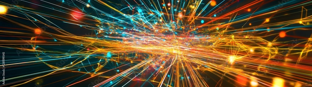 Aufkleber Captivating Cosmic Explosion of Vibrant Digital Light and Energy  Mesmerizing abstract background with dynamic glowing particles shimmering rays and electrifying bursts of color and illumination