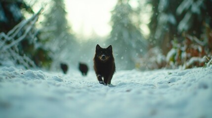Lone Wolf in Snowy Forest Level Perspective with Trees and Trail