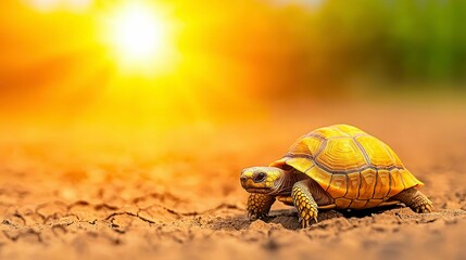 Desert Tortoise Moving Across Dry Ground Under Setting Sun