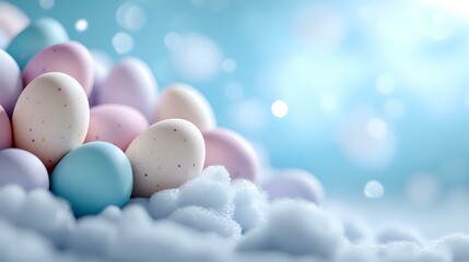 Pastel Easter eggs in soft pink and blue tones nestled in fluffy white clouds against dreamy bokeh background, creating magical spring holiday atmosphere.