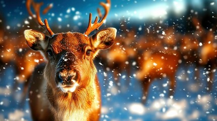 Close-up View of a Caribou in a Winter Landscape with Snowfall