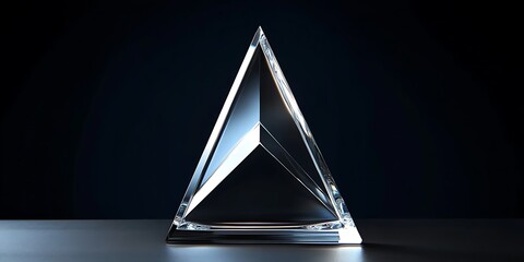 Front view of a modern, arrow-shaped crystal award, crystal, award, trophy, achievement, recognition, success, honor, glass. Triangle shaped mirror on dark blue ground