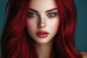 Fototapeta premium Captivating Close-Up of a Young Woman with Fiery Red Hair and Striking Blue Eyes