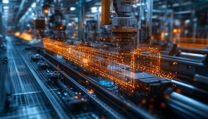 Obraz premium Revolutionary IoTdriven production system, interconnected industrial machines, glowing data visualizations, automated processes, digital factory of the future