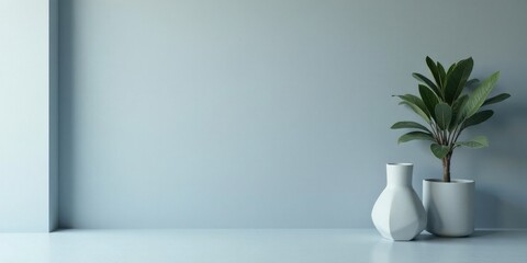 Serene Minimalist Interior Design Featuring a Single Plant in a White Pot and a Modern White Vase Against a Light Blue Wall