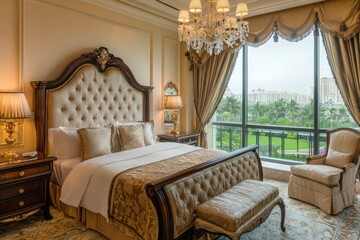 Fototapeta premium Luxurious and Elegant Bedroom Interior with Window View and Classic Furniture Design