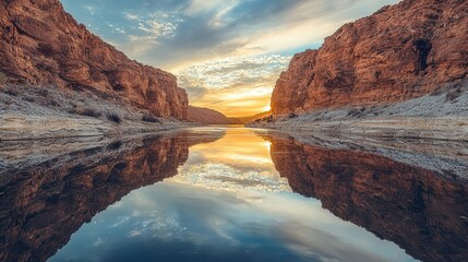Serene Sunset Reflection in a Canyon River