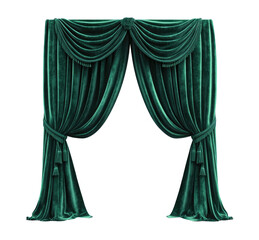 Luxurious emerald green velvet curtains with decorative tassels on transparent background 