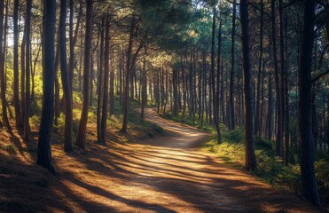 Fototapeta premium Sunlit Forest Path Winding Through Pines