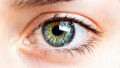 Obraz premium A close-up of a human eye showcasing intricate patterns and vibrant colors, emphasizing its unique beauty and detail.