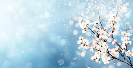 Delicate cherry blossoms adorn a branch against a serene blue background, capturing the essence of spring. Soft bokeh lights enhance the peaceful atmosphere, inviting calm and beauty.