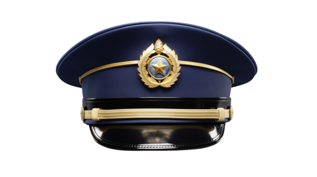 High angle close up of a navy blue military officers peaked cap with gold braid and a star emblem perfect for law enforcement military or patriotic themes 