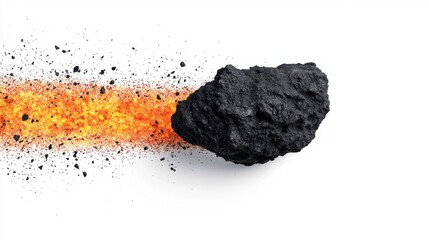 Black Rock Meteor with Fiery Trail of Orange Sparks on White Background