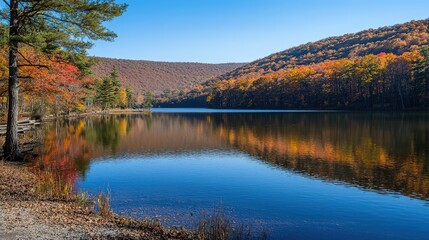 A serene mountain lake reflecting autumn foliage