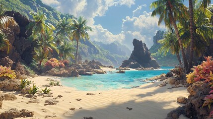 Tranquil Tropical Beach Scene with Palm Trees and Rocky Coastline