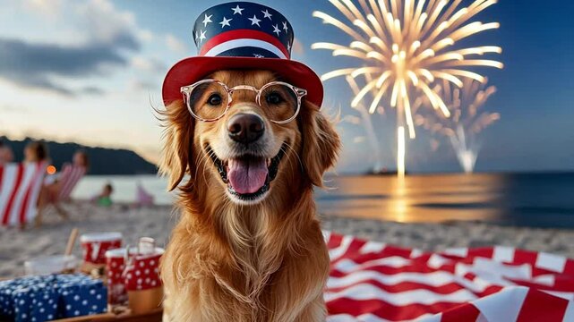 Patriotic Pup's Beach Bash: A golden retriever, adorned with a patriotic hat and glasses, beams with joy on a beach as fireworks light up the twilight sky, celebrating a festive occasion.