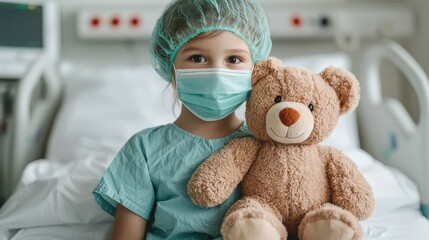 Child in Hospital Bed Holding Teddy Bear with Medical Attire