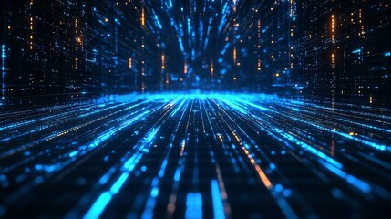 Digital data streams converging, dark background, futuristic technology, website banner