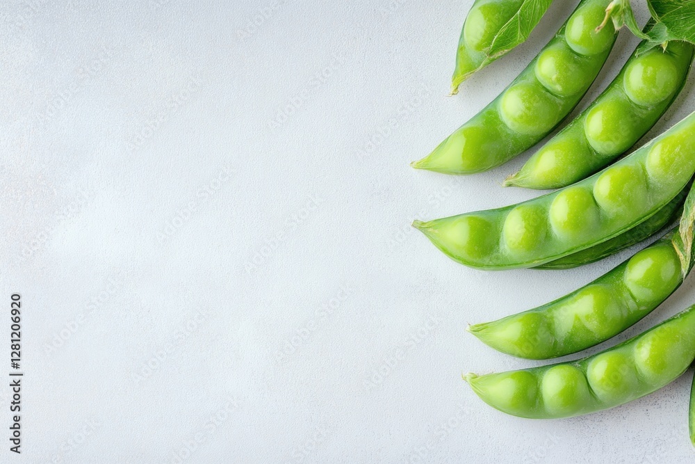 Poster minimalist close-up of fresh peas in their pods placed on smooth background with subtle shadows and 