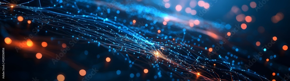Poster Captivating glowing digital abstraction with dynamic motion and interconnected patterns of light energy and flowing lines  This futuristic and visually striking image evokes a sense of innovation