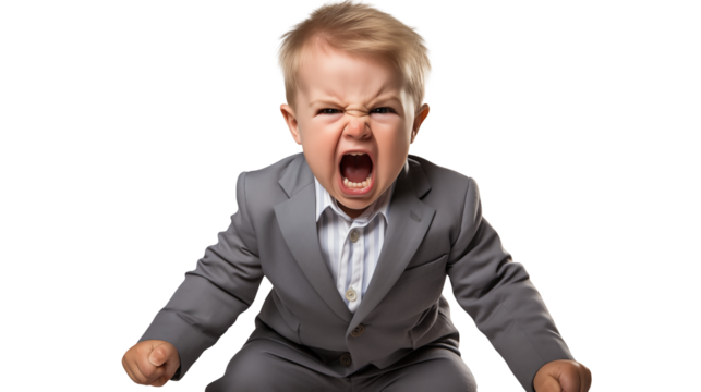 Angry toddler in suit powerful expression emotional frustration child business concept