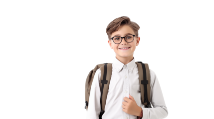 Smiling schoolboy with backpack ready for school education concept