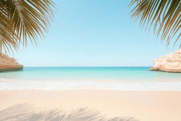 panoramic view of tranquil beach with soft golden sand flowing into gentle waves of turquoise sea framed by swaying
