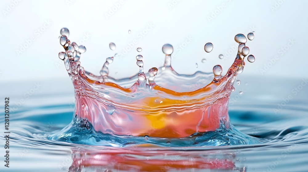 Poster Captivating image showcasing a dynamic and vibrant splash of colorful liquid water drop forming an abstract crown shape with a sense of motion energy and transparency