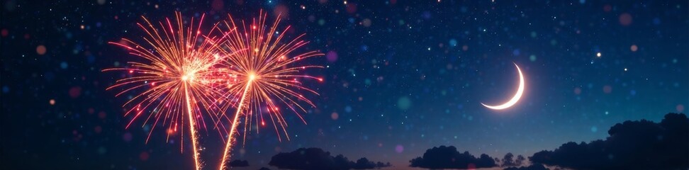 Fototapeta premium Sparkling fireworks light up the night sky with glittering stars and a crescent moon background glow, fireworks, confetti