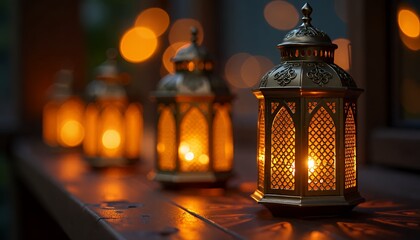 Ramadan lanterns glowing in the dark with beautiful golden Islamic patterns and soft bokeh lights, creating a festive and spiritual atmosphere