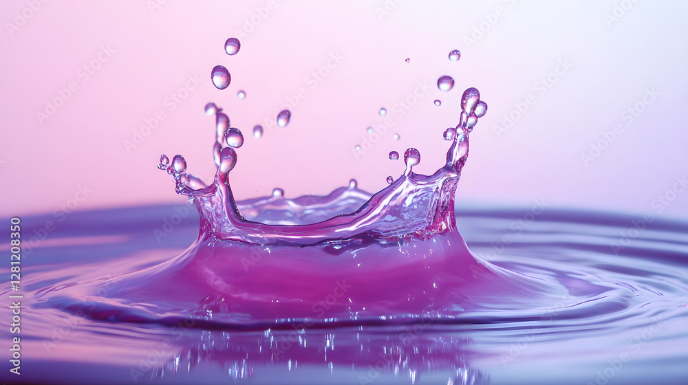Poster Captivating liquid splash in a vibrant purple and pink gradient creating an abstract composition with fluid dynamics and mesmerizing movement  The transparent water droplets and bubbles form a serene