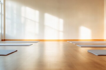 serene yoga studio interior with soft natural light showcasing neatly arranged mats on polished wooden floor