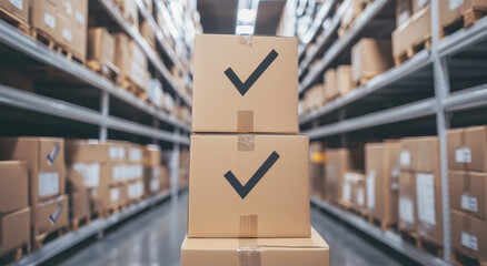 Obraz premium A tall stack of cardboard boxes marked with checkmarks is positioned in a busy warehouse aisle filled with similar boxes on shelves