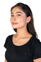 Fototapeta premium Portrait of Latina Woman with Natural Makeup and Long Dark Hair Wearing Black Shirt Isolated on White Background