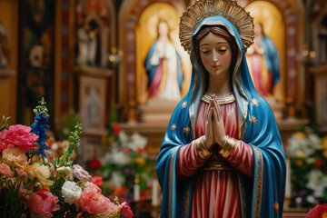 A beautifully crafted statue of the veiled Virgin Mary stands in a church, surrounded by vibrant flowers and softly glowing backgrounds