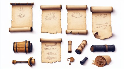 A set of icons for games. Paper scrolls Highlighted on a white background