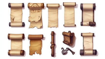 A set of icons for games. Paper scrolls Highlighted on a white background