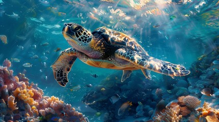 Fototapeta premium Majestic Sea Turtle Gracefully Swimming in Vibrant Coral Reef Ecosystem