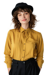 Fototapeta premium Stylish Young Woman in Yellow Blouse and Black Hat, Captivating Portrait for Fashion and Lifestyle Photography