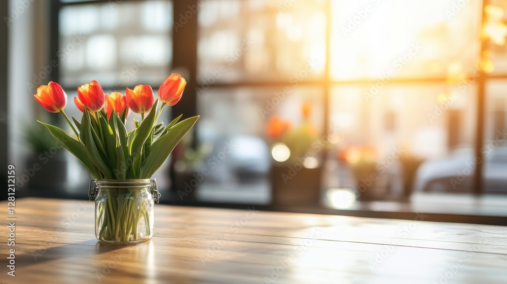 Poster a vibrant bouquet of tulips sits in a glass jar on a wooden table. soft sunlight streams through lar