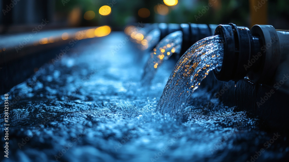 Poster The image showcases flowing water from pipes, illuminated by soft lighting, creating a tranquil and serene atmosphere