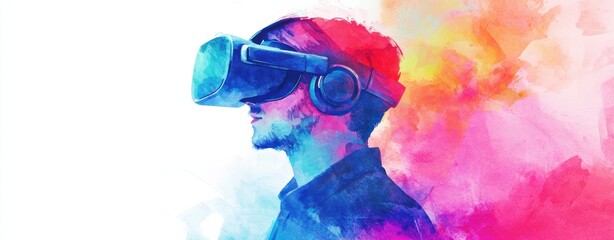 A vibrant digital illustration of a person wearing a virtual reality headset, immersed in a colorful, abstract background of splashes and swirls.