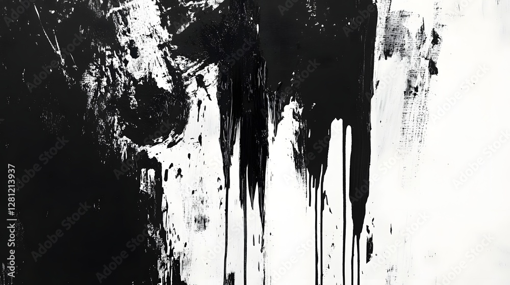 Poster Captivating Monochrome Abstract Artwork with Textured Dramatic Brushstrokes and Splashes of Light  The image showcases a bold contemporary abstract composition with striking contrasts fluid movements