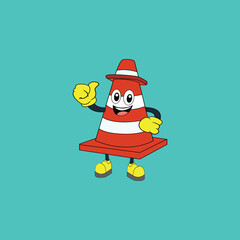 Vector illustration of a traffic cone mascot character with a friendly and cheerful expression. The character has hands and feet, wears yellow gloves and boots