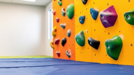 Colorful Climbing Wall For Kids Concept, Bright and Colorful Indoor Climbing Wall with Foam Grips for Children's Fun and Activity in a Cartoon Theme