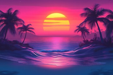Vibrant Sunset Over Calm Ocean with Palm Trees and Colorful Sky in Tranquil Paradise Scene