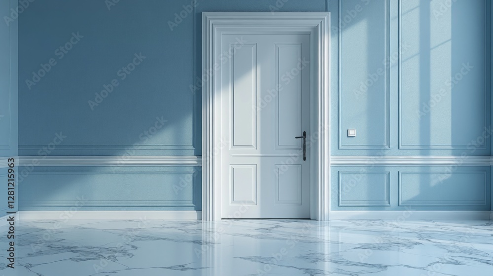 Poster an open door reveals a pathway to the unknown, bathed in gentle sunlight. the serene blue walls and 