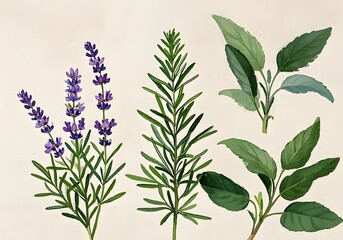 Fototapeta premium A set of watercolor-style botanical illustrations featuring lavender, rosemary, and sage on a light beige paper texture.